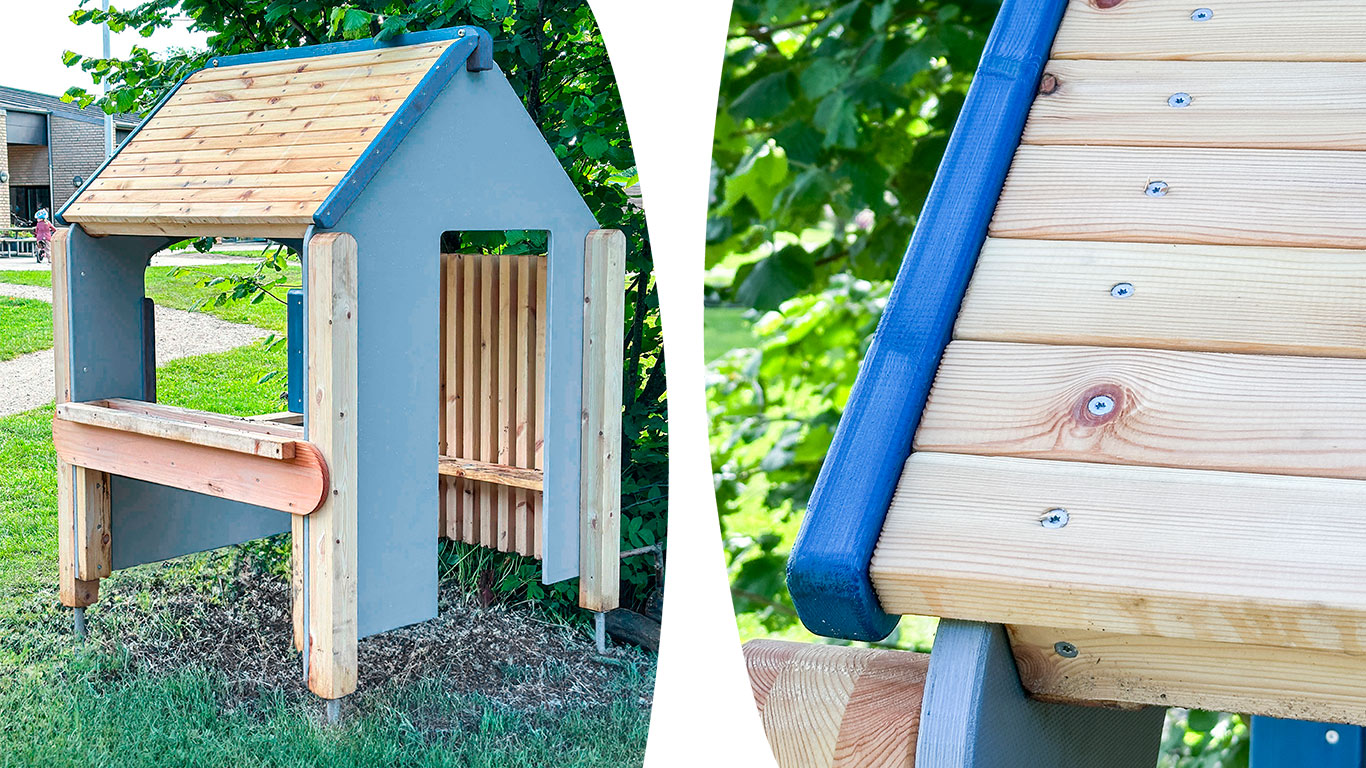 Playhouse Lena, blue window panels and roof trims