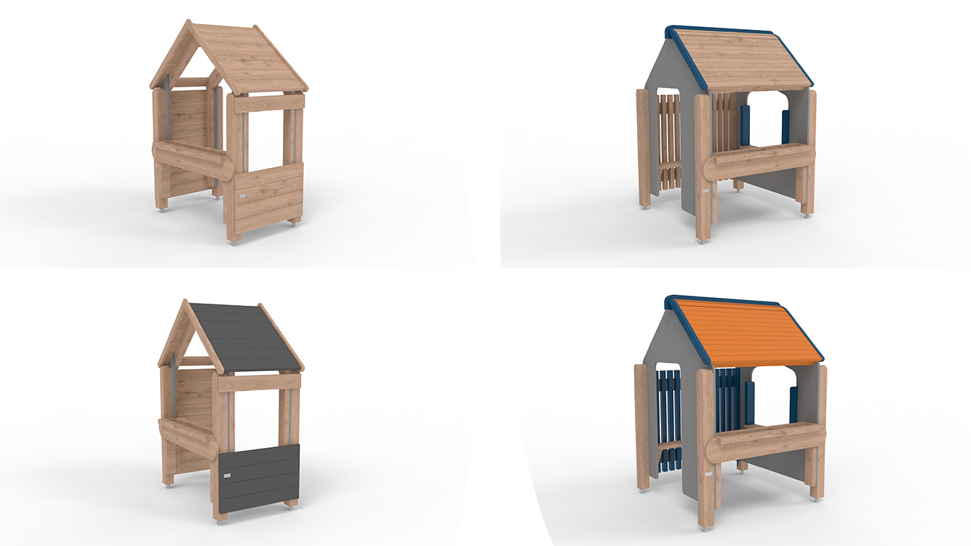 Selected "Open House Play" playhouses have colored elements; blue, orange and black